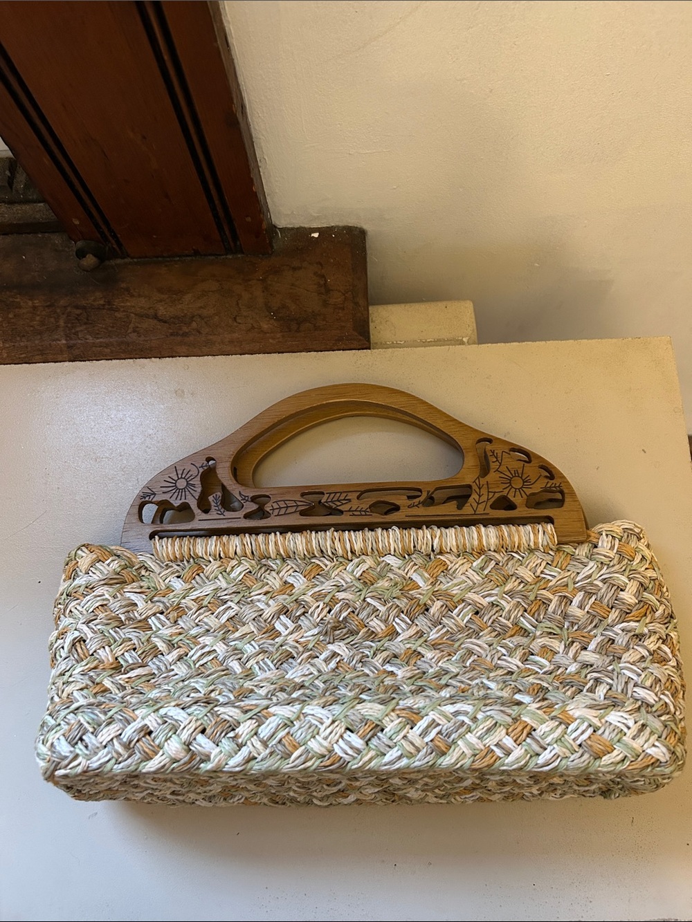 Capelli Woven Straw Handbag with Carved Wooden Handles - Natural EUC